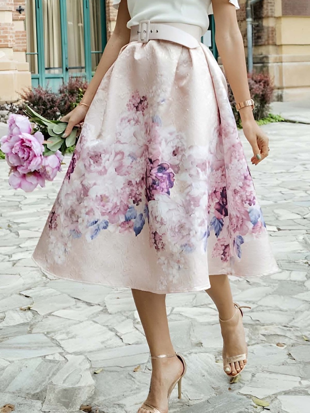 Chicwish Lavender Pink Peony Print Floral Embossed A-line Midi Skirt M